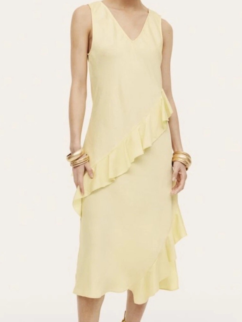 H&M Pale Yellow V-Neck Ruffle Midi Dress